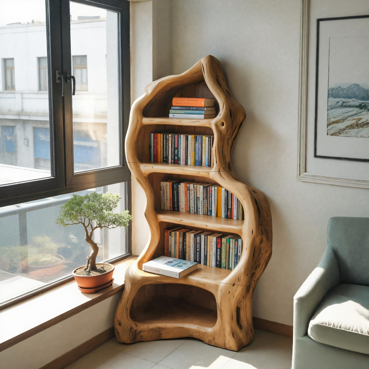 Organic Live Edge Bookshelf For Rustic Living Room Or Office