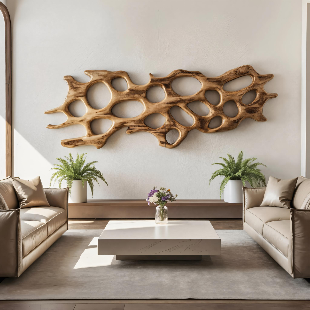 Organic Wall Art Sculpture With Abstract Carving For Living Room