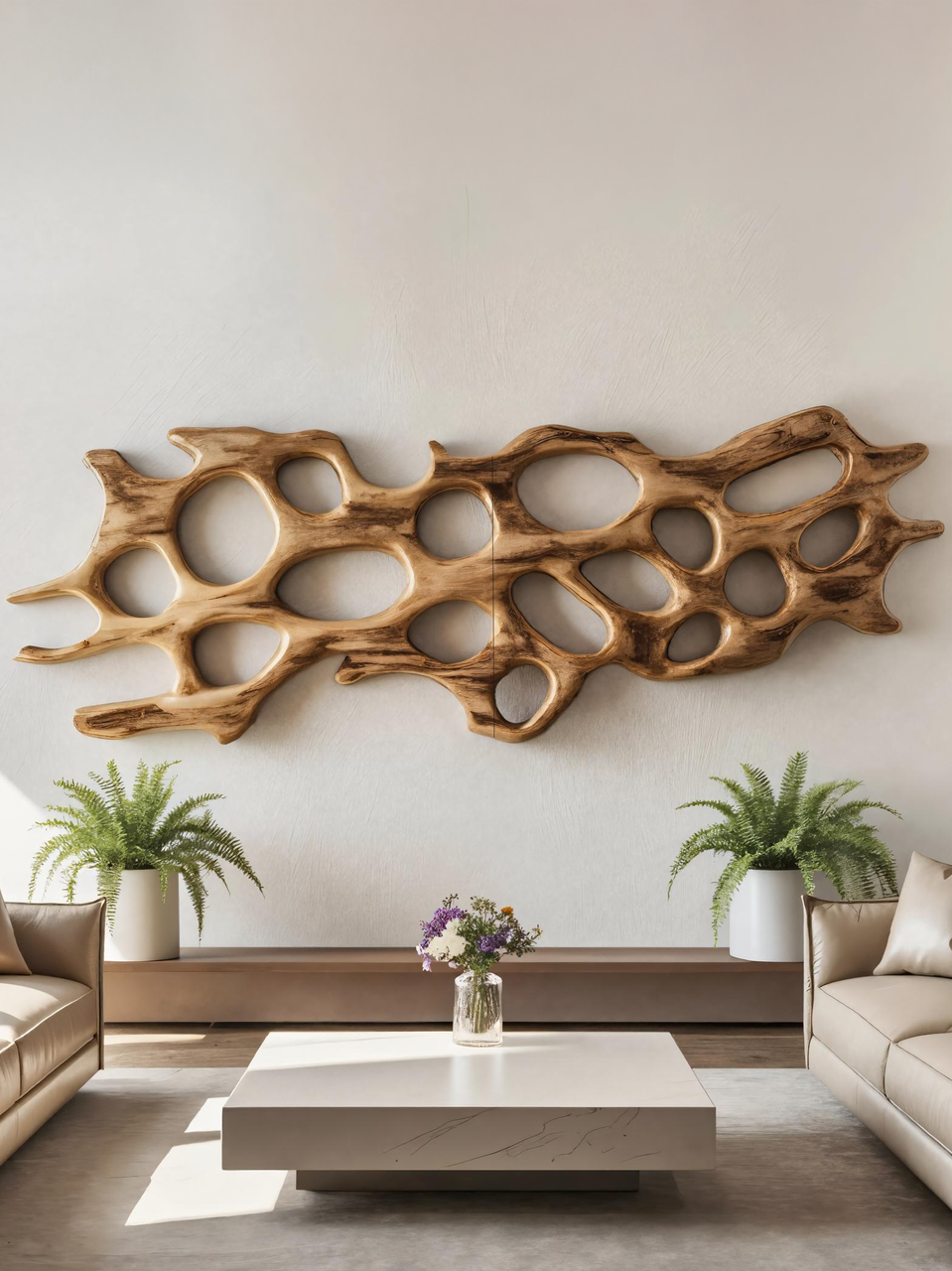 Organic Wall Art Sculpture With Abstract Carving For Living Room