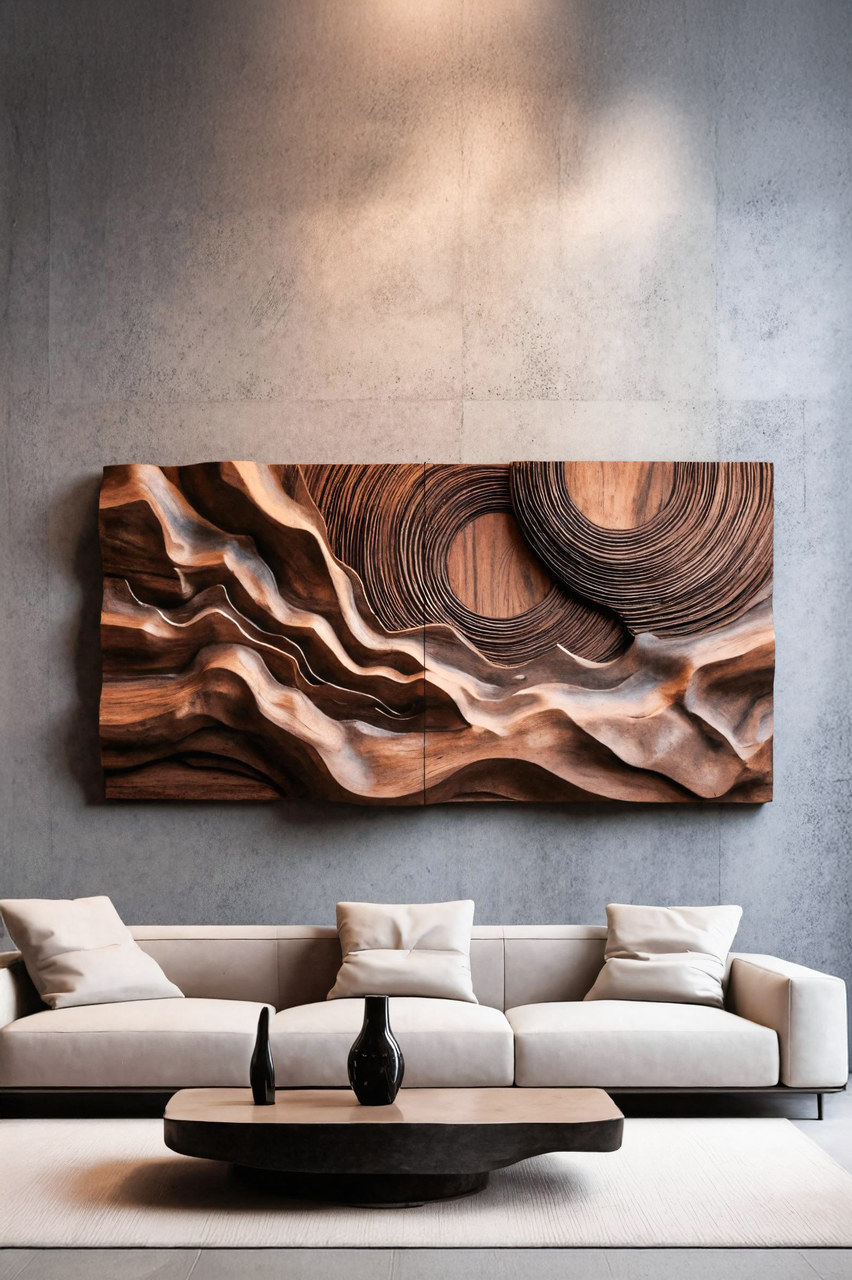 Layered Wave Wall Sculpture With Abstract Circles For Living Room