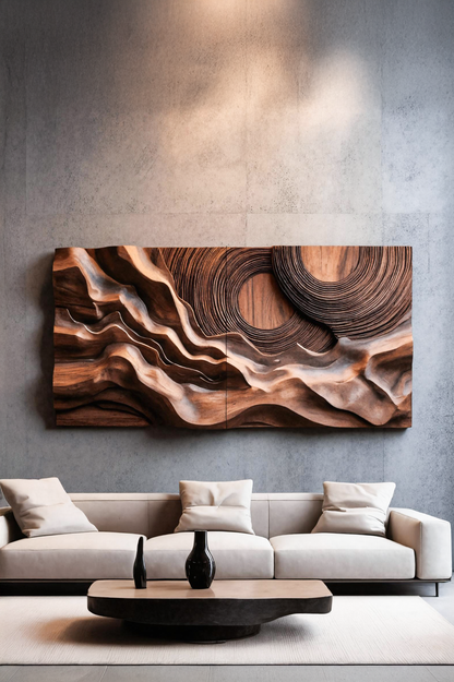 Layered Wave Wall Sculpture With Abstract Circles For Living Room