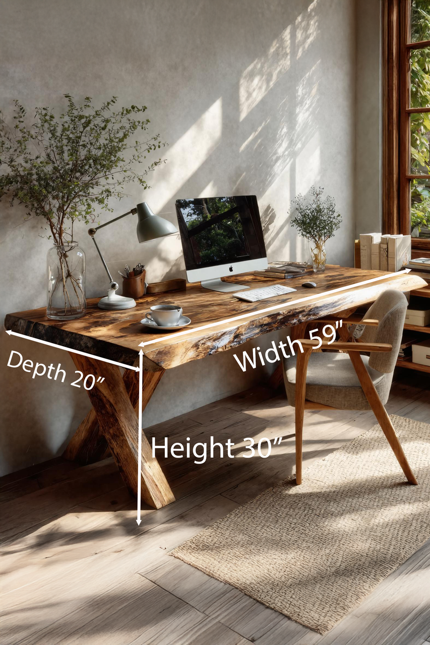 Rustic Live Edge Desk With X Legs For Home Office