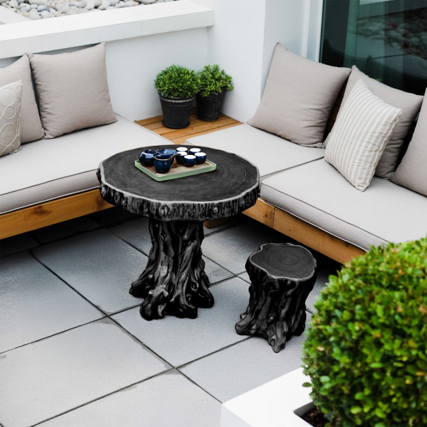 Rustic Tree Trunk Outdoor Table And Stump Seat For Garden And Patio