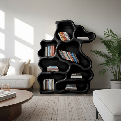Organic Modern Bookshelf With Carved Design For Living Room And Home Library