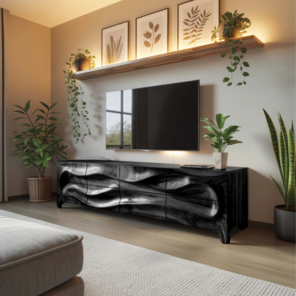 Sculpted Wave TV Cabinet With Carved Front For Living Room And Entertainment Center