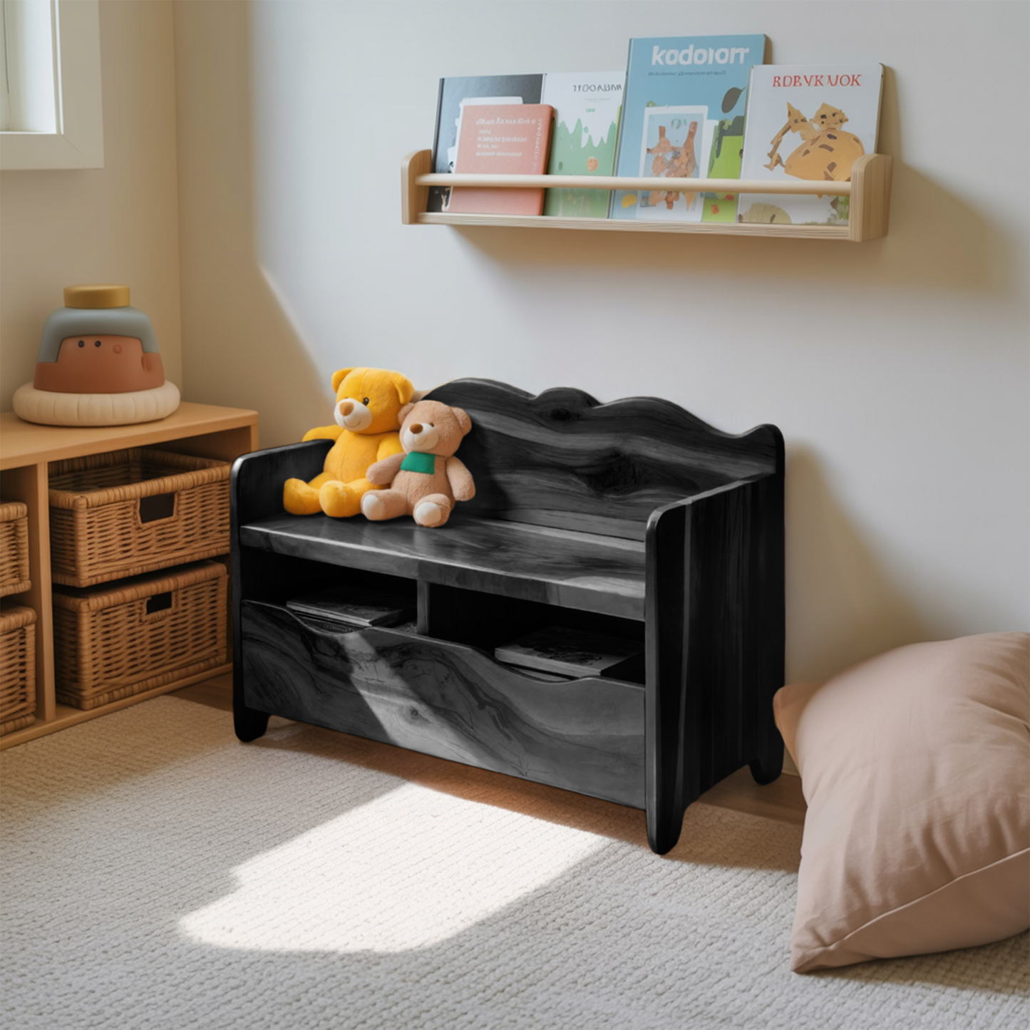 Montessori Bench With Book Storage For Kids Room Entryway And Playroom