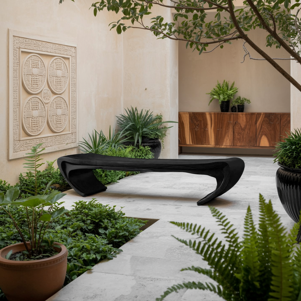 Modern Sculptural Wood Bench For Entryway Or Living Room