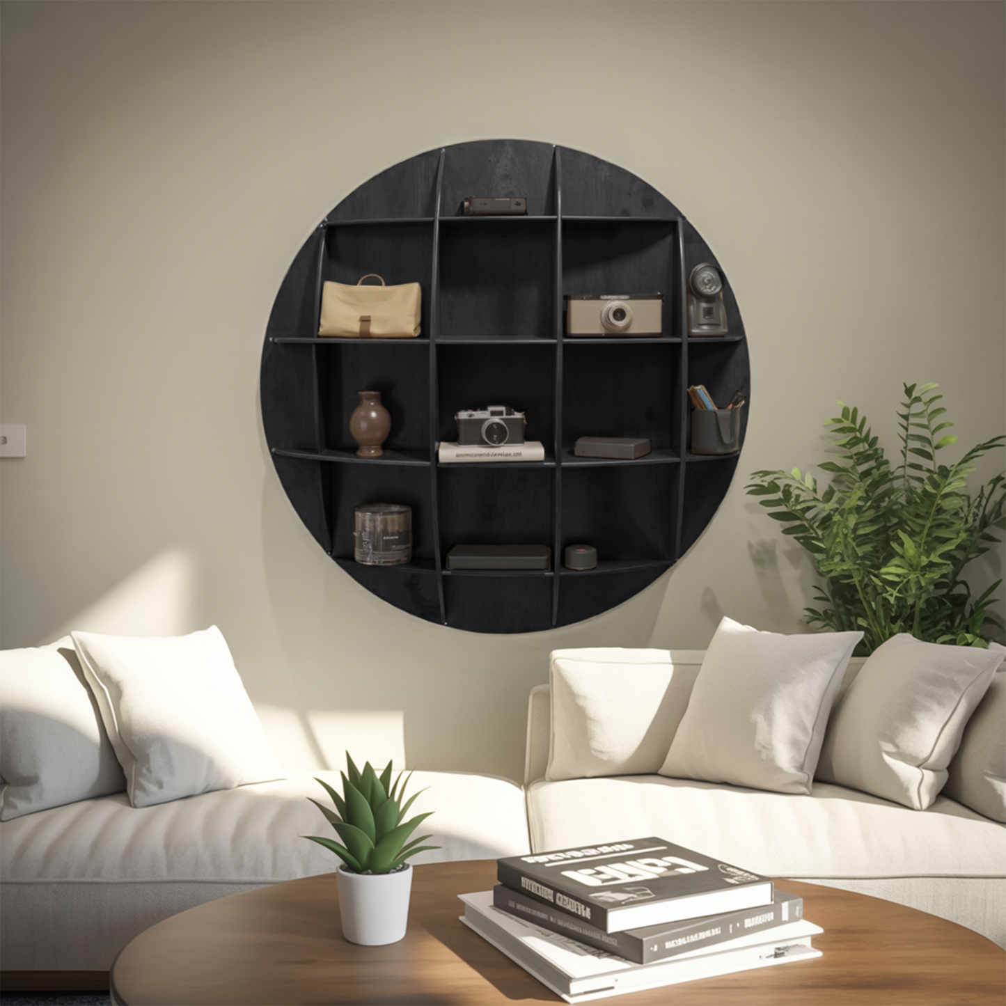 Modern Round Wall Mounted Shelf With Compartments For Living Room Office And Entryway