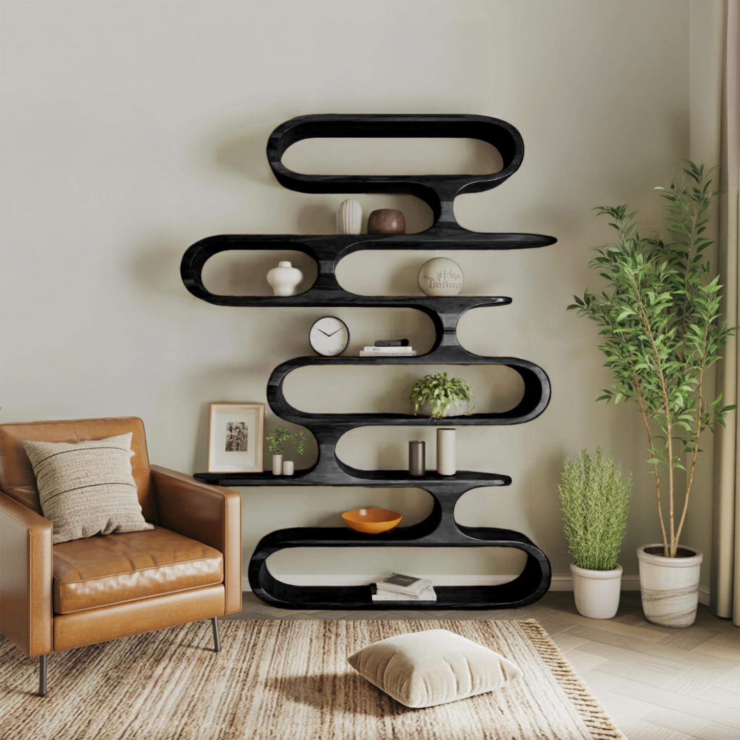 Mid Century Modern Wall Shelf With Flowing Shape For Living Room And Office