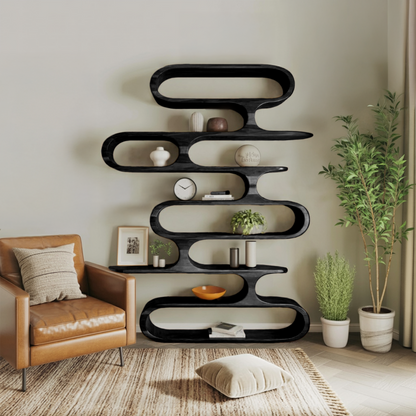 Mid Century Modern Wall Shelf With Flowing Shape For Living Room And Office