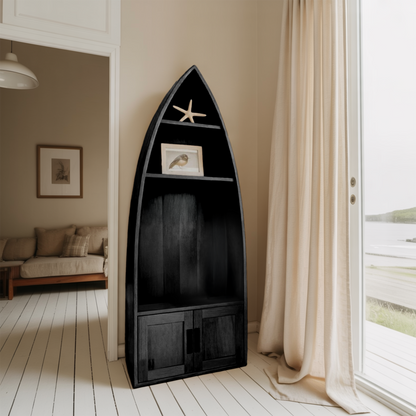 Coastal Boat Shaped Shelf With Glass Rack For Beach House And Living Room
