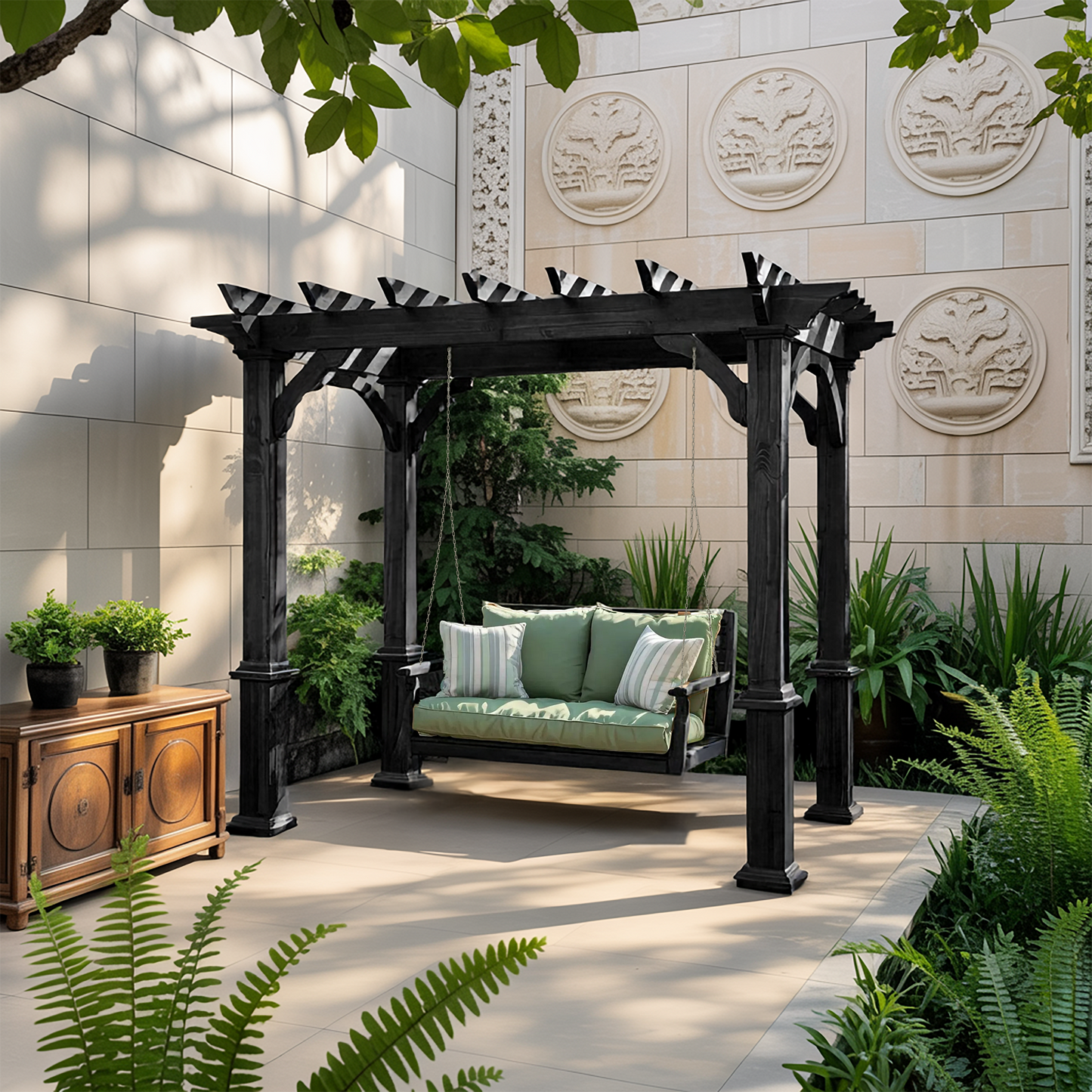 Rustic Pergola Swing Bench For Outdoor Garden And Lounge