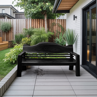 Rustic Outdoor Wooden Bench With Curved Backrest For Garden Or Porch