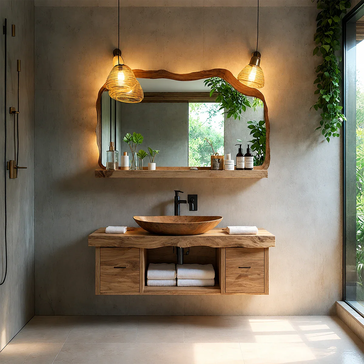 Live Edge Natural Solid Wood Floating Vanity With Wood Vessel Sink
