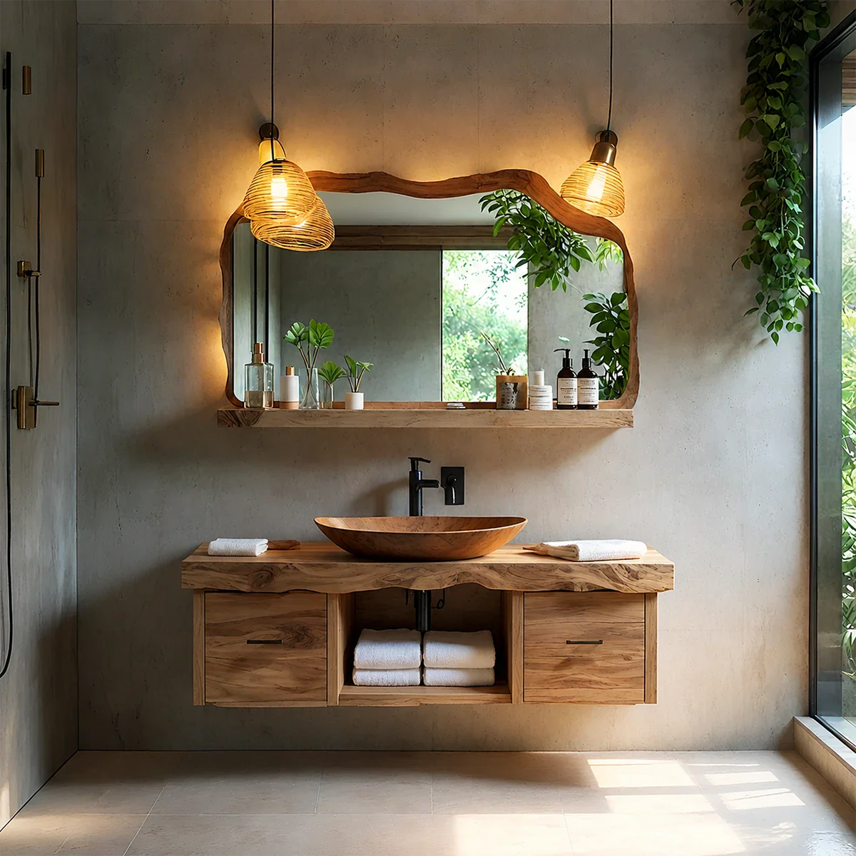 Live Edge Natural Solid Wood Floating Vanity With Wood Vessel Sink