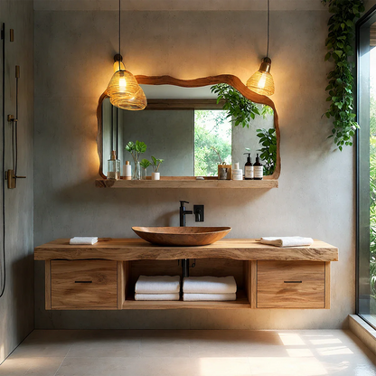Live Edge Natural Solid Wood Floating Vanity With Wood Vessel Sink