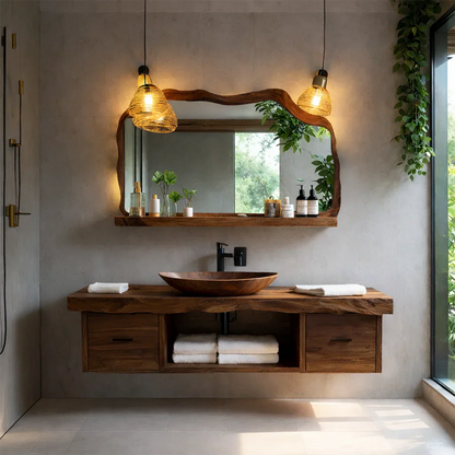 Modern boho elm floating bathroom vanity with vessel sink