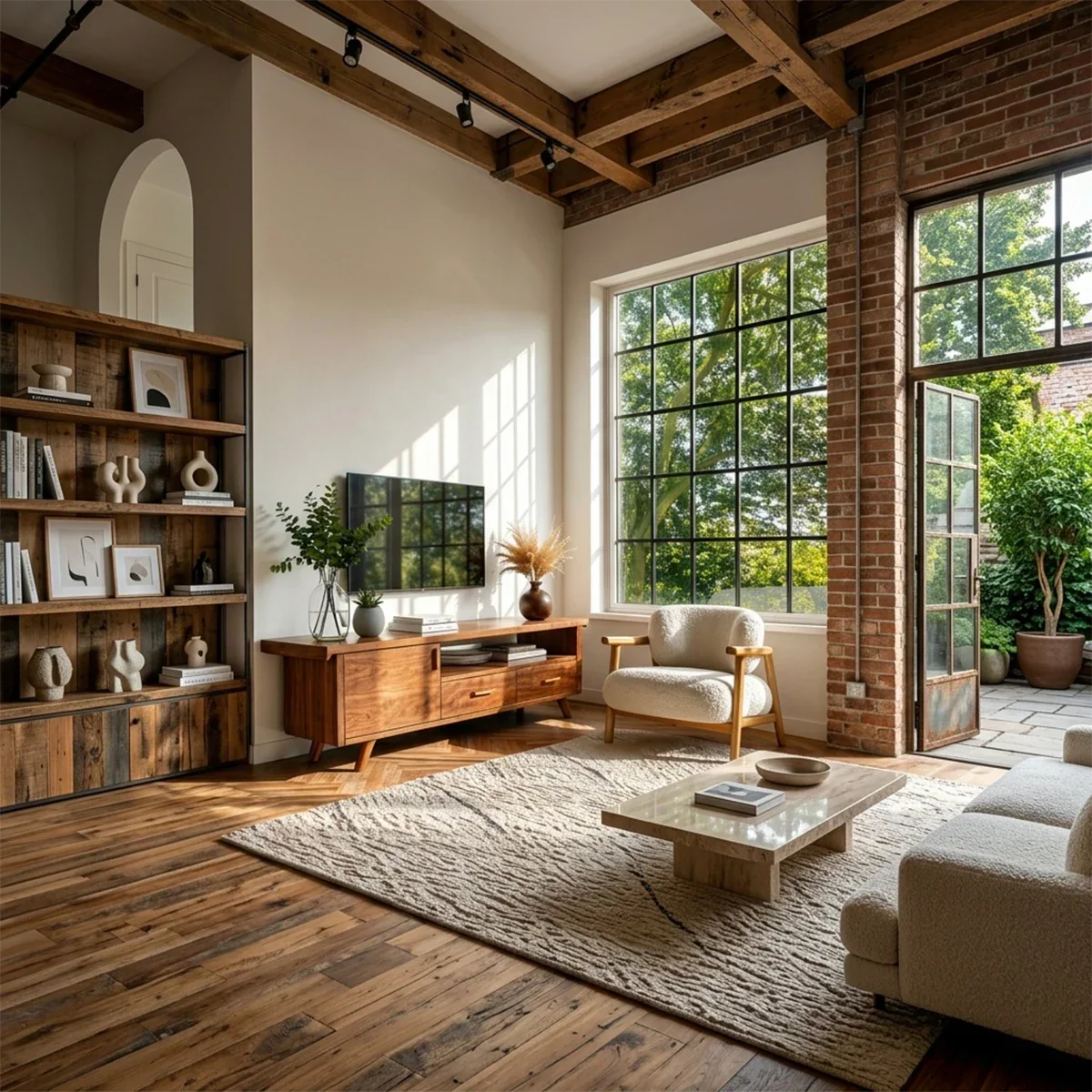 Compact TV console with drawers and sliding door in sunlit small space interior
