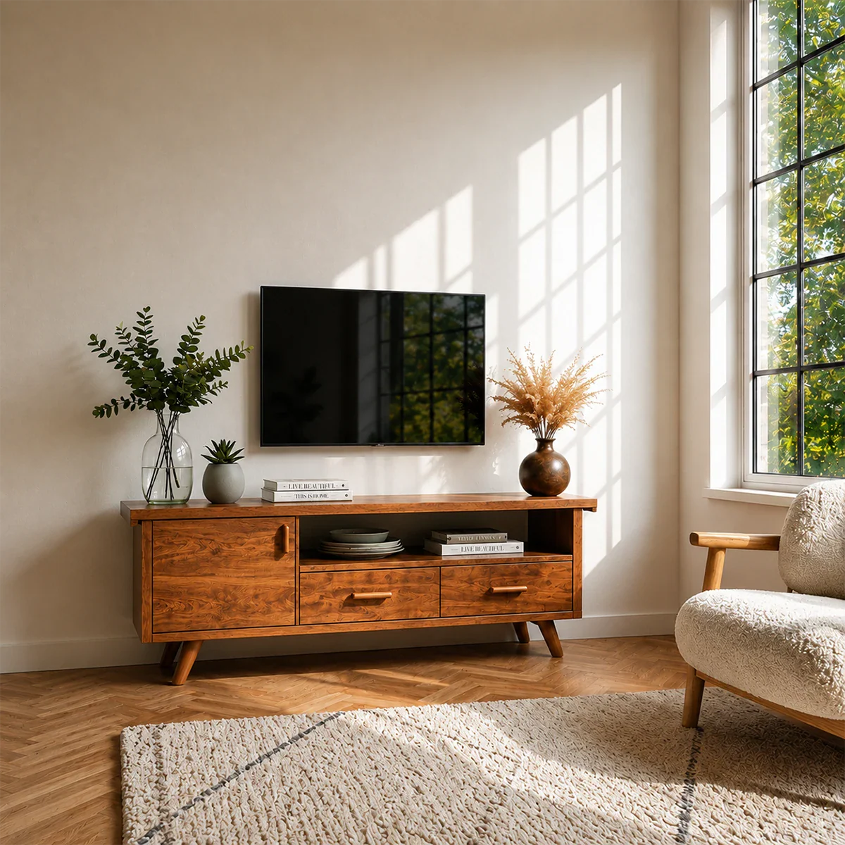 Natural Wood TV Stand with Hinged Doors, Drawers and Open Shelf for Living Room