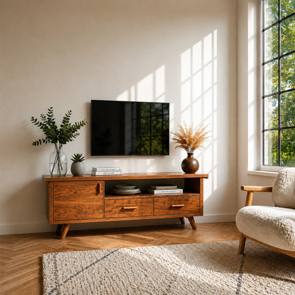 Natural Wood TV Stand with Hinged Doors, Drawers and Open Shelf for Living Room