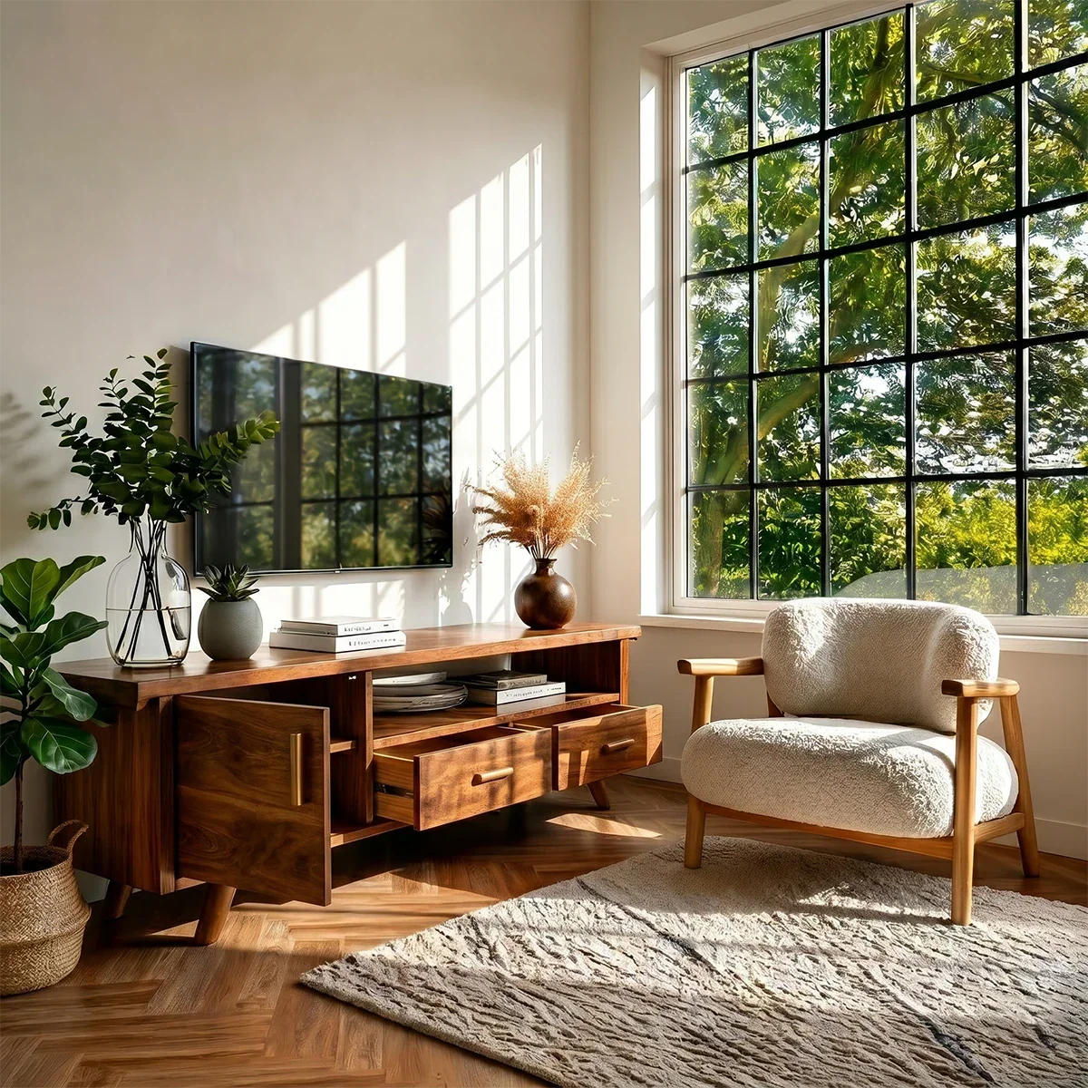 Mid century media console with storage placed in bright modern living room setting