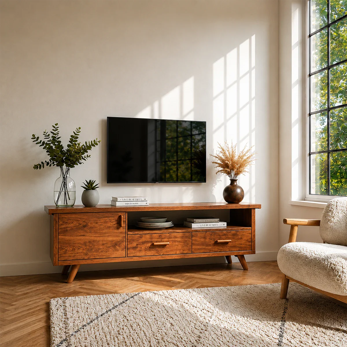 Natural Wood TV Stand with Hinged Doors, Drawers and Open Shelf for Living Room