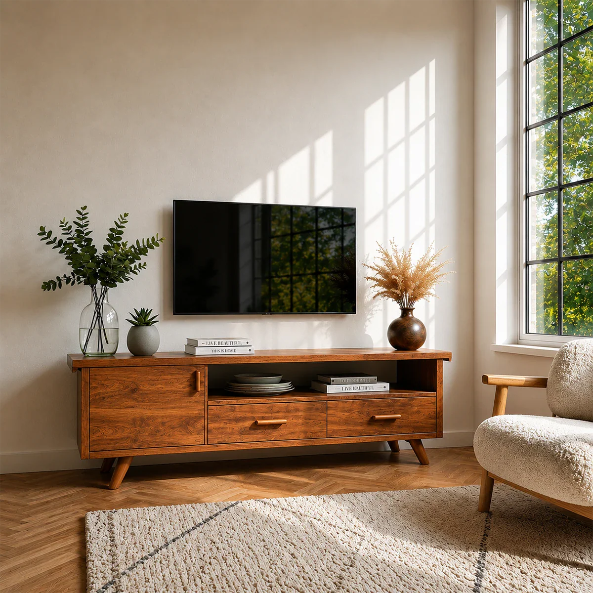 Natural Wood TV Stand with Hinged Doors, Drawers and Open Shelf for Living Room