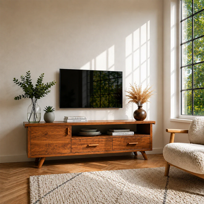 Natural Wood TV Stand with Hinged Doors, Drawers and Open Shelf for Living Room