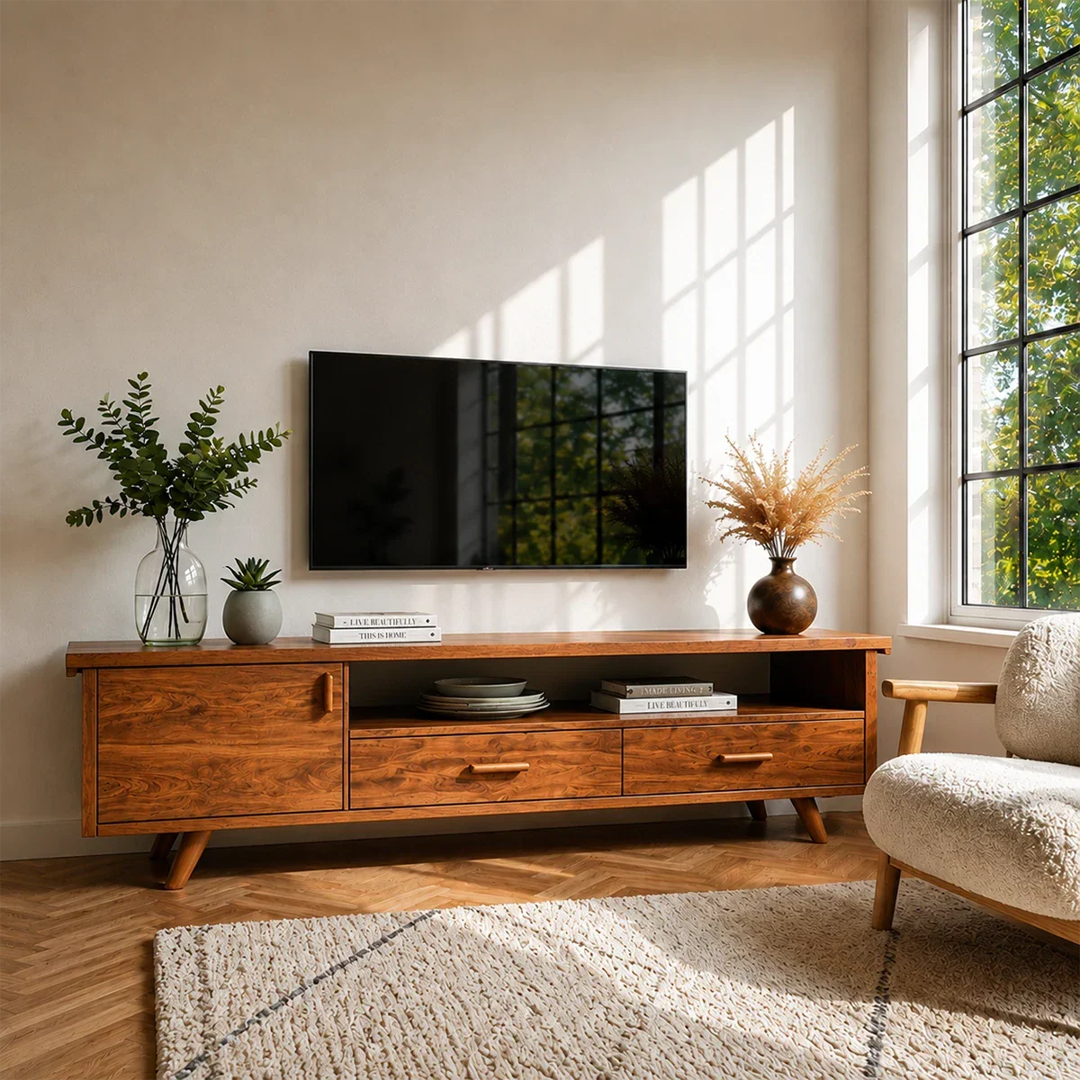 Natural Wood TV Stand with Hinged Doors, Drawers and Open Shelf for Living Room