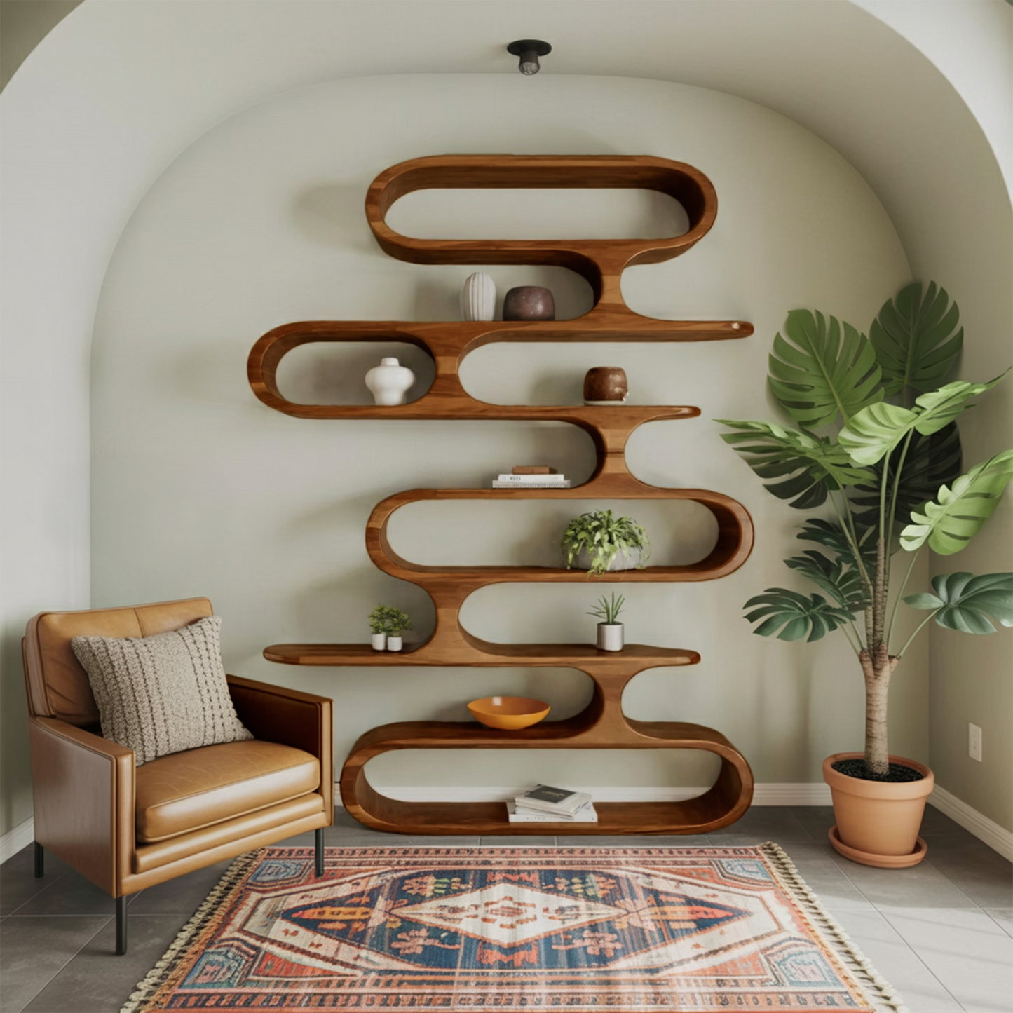 Mid Century Modern Wall Shelf With Flowing Shape For Living Room And Office