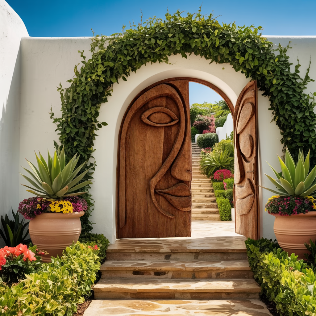 Artistic Face Carved Entry Door For Villa Entrance