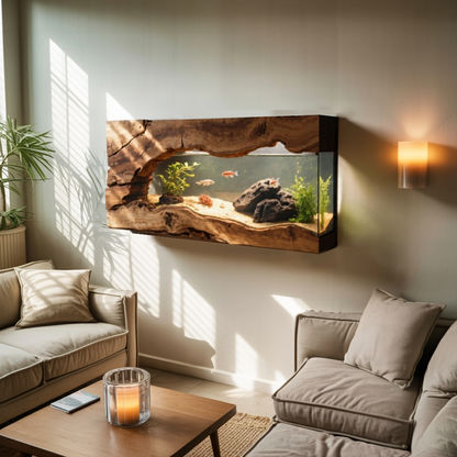 Wall Mounted Aquarium With Driftwood Frame For Living Room And Office