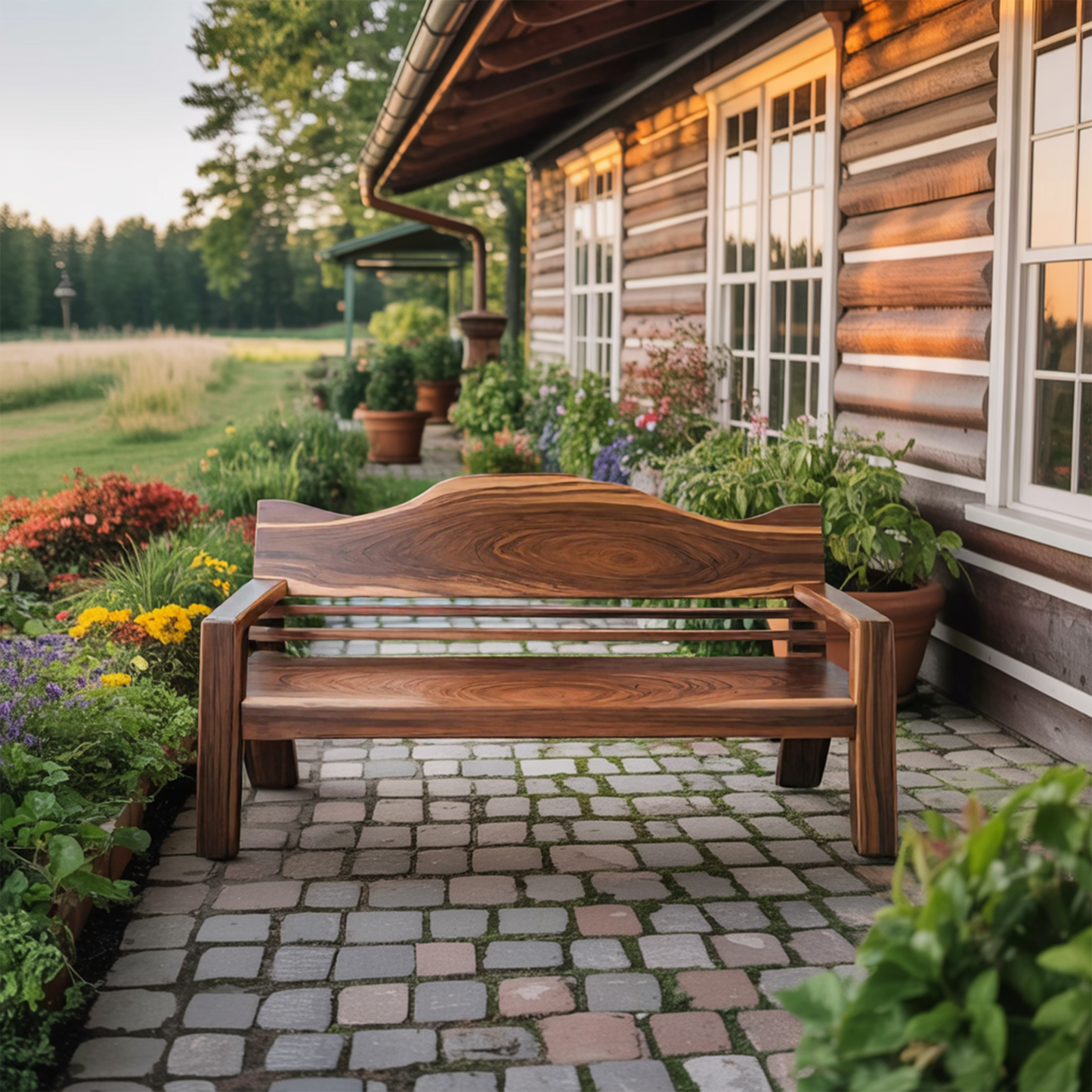 Rustic Outdoor Wooden Bench With Curved Backrest For Garden Or Porch