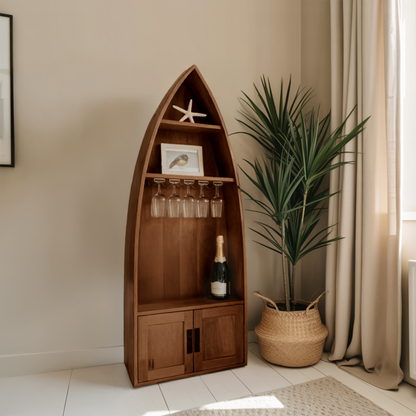 Coastal Boat Shaped Shelf With Glass Rack For Beach House And Living Room