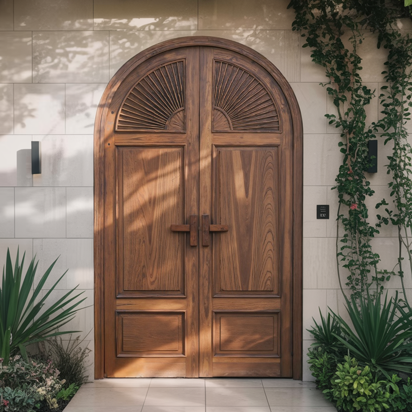 Mediterranean Arched Entry Door With Carved Sunburst For Garden And Villa