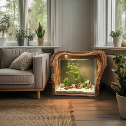 Rustic Live Edge Aquarium Stand With Glass Tank For Bedroom And Living Room