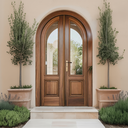 Arched Double Entry Door With Glass Panels For Mediterranean And Spanish Homes