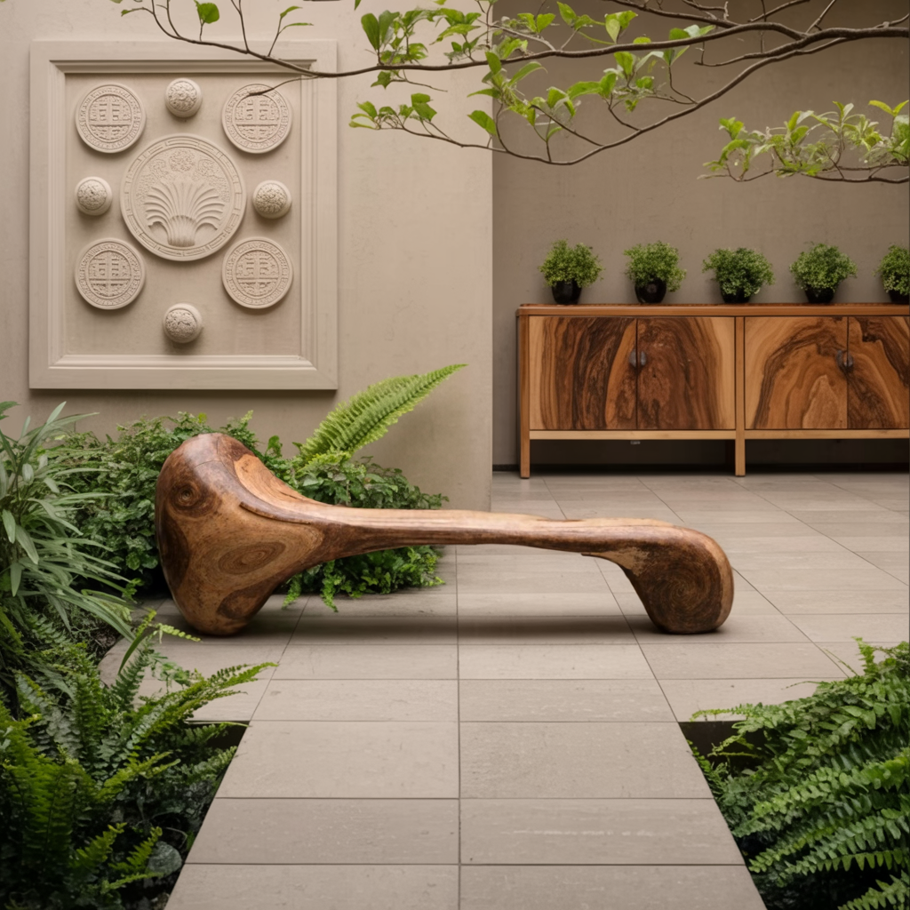 Sculptural Wood Bench For Garden Poolside Or Patio
