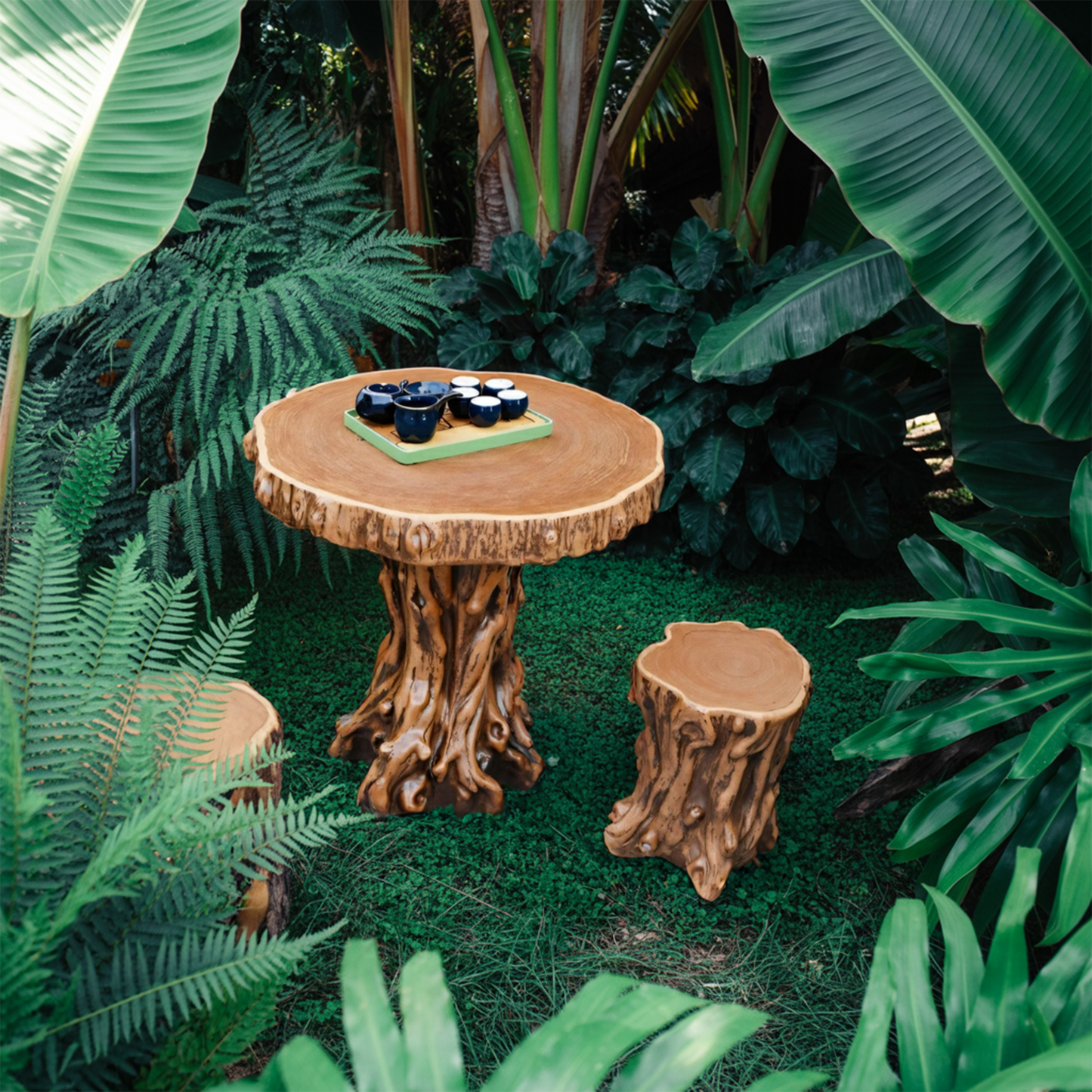 Rustic Tree Trunk Outdoor Table And Stump Seat For Garden And Patio