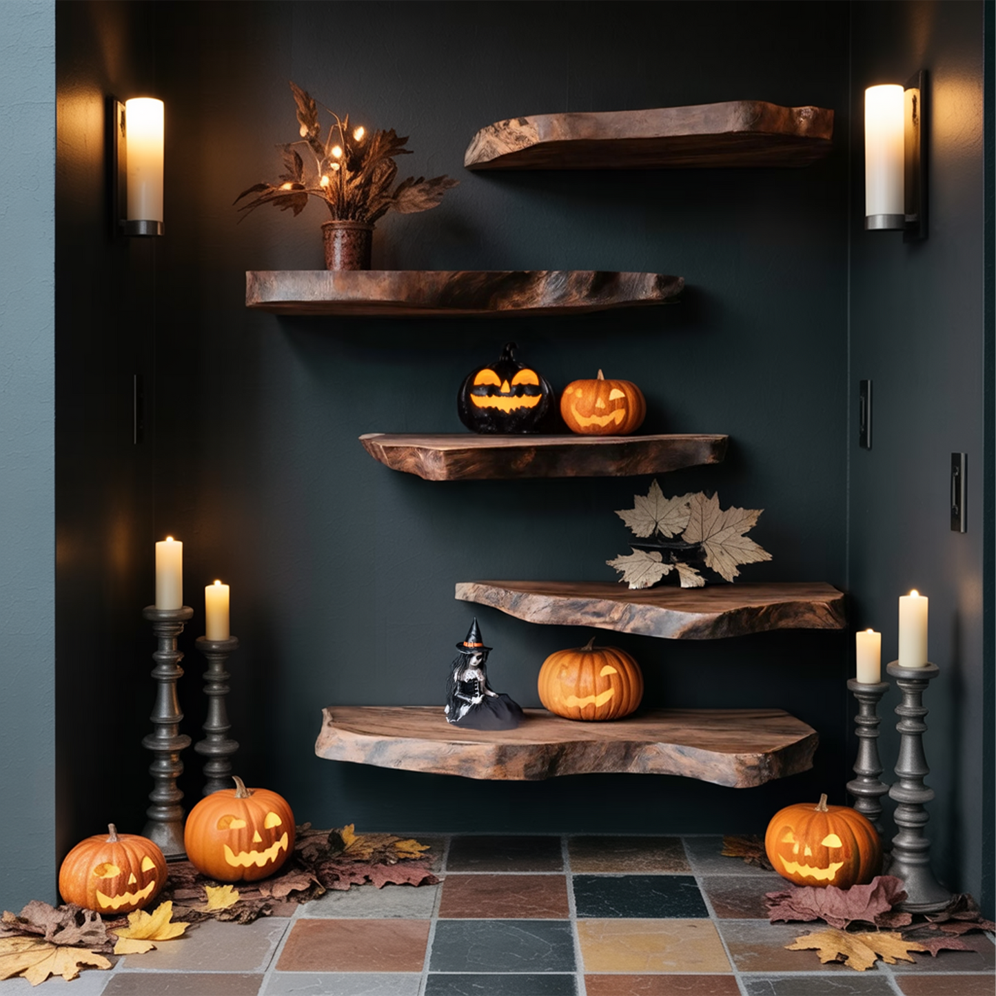 Handcrafted Solid Wood Shelf For Entryway Design Functional Halloween Space