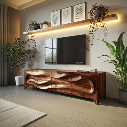 Sculpted Wave TV Cabinet With Carved Front For Living Room And Entertainment Center