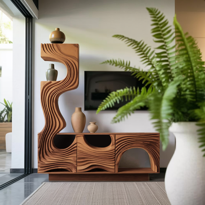 Wavy Sculptural TV Console Media Cabinet For Living Room And Lounge