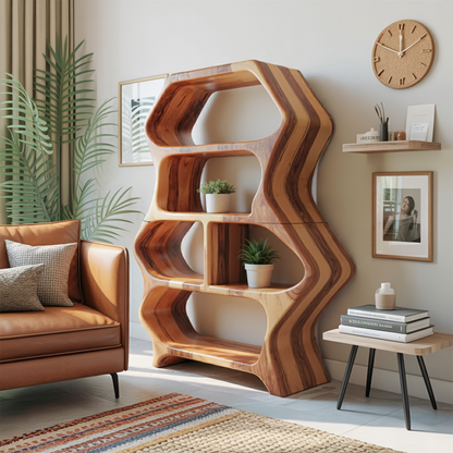 Sculptural Bookshelf With Organic Carved Display For Living Room And Office