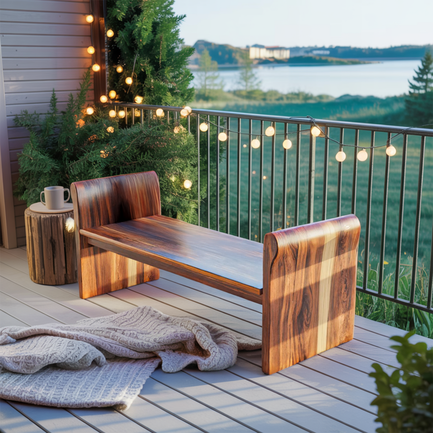 Contemporary Wood Bench With Rounded Armrests For Porch Or Garden