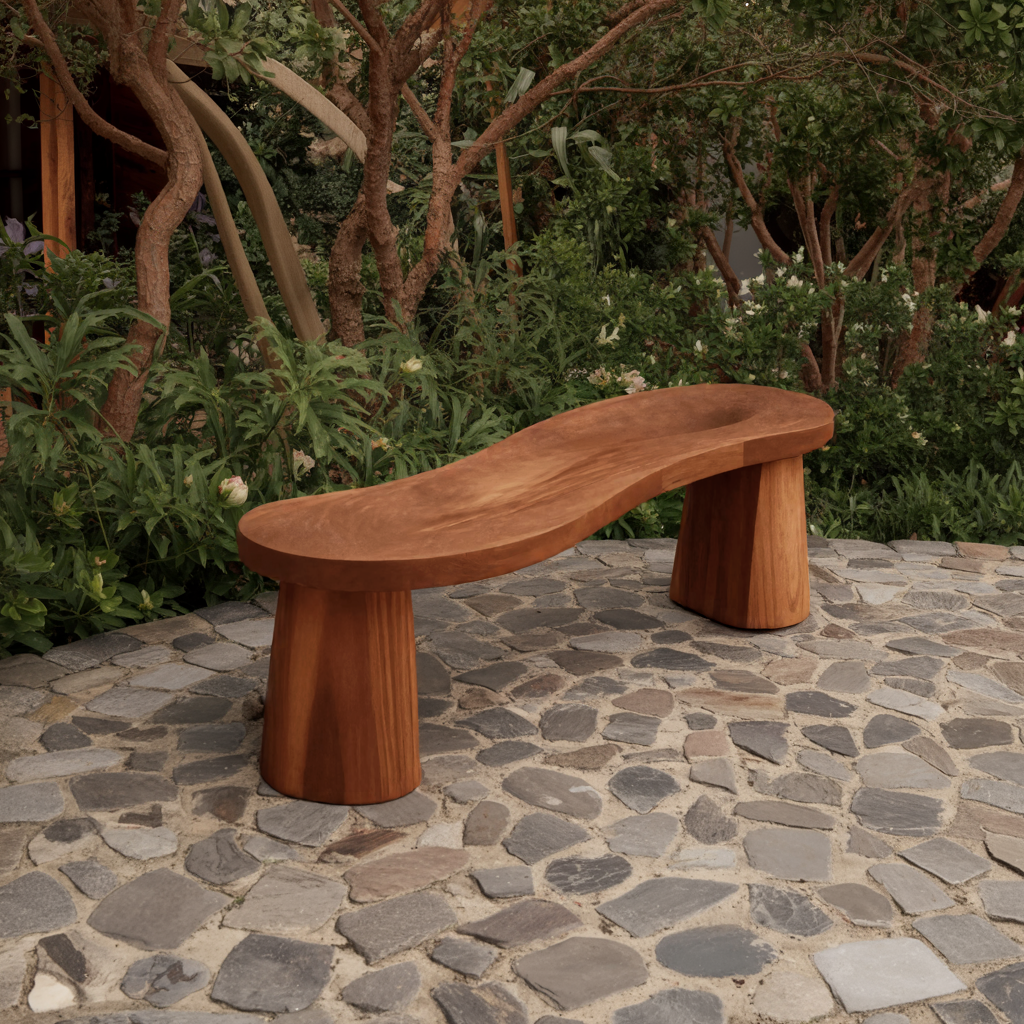 Organic Curved Wood Bench For Garden Or Entryway