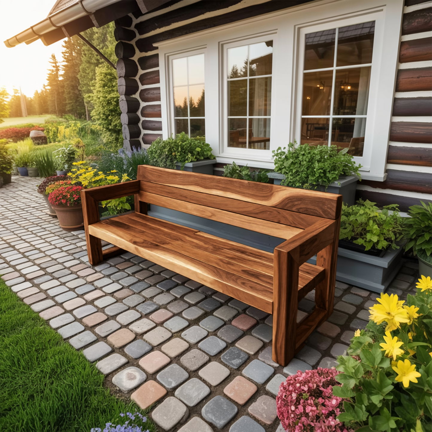 Modern Solid Wood Outdoor Bench With Armrests For Garden Or Entryway