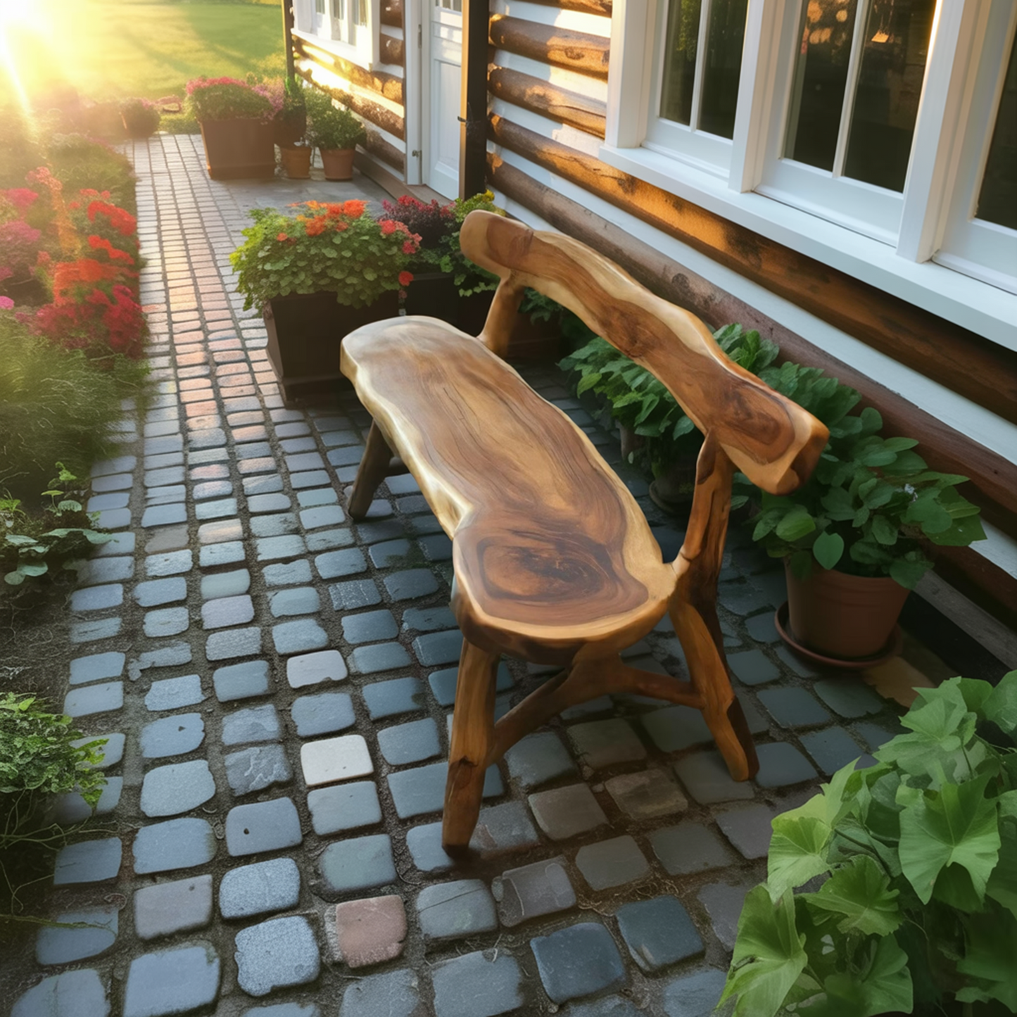Rustic Live Edge Bench With Backrest For Garden Patio And Balcony