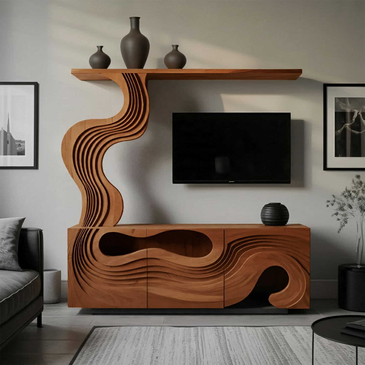 Sculptural TV Console With Wave Layers Entertainment Cabinet For Living Room And Media Wall