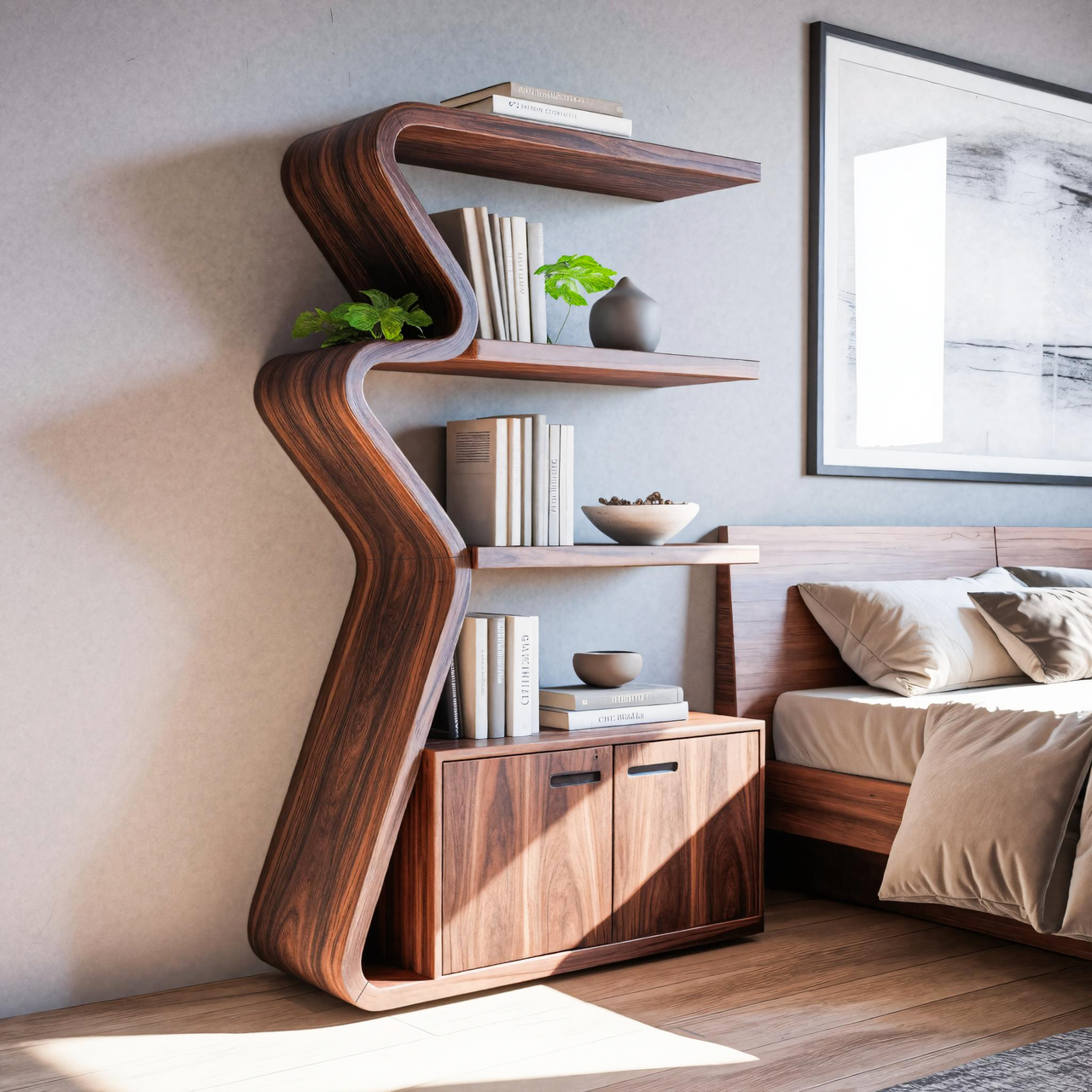 Modern Zigzag Bookshelf With Cabinet For Living Room Or Office