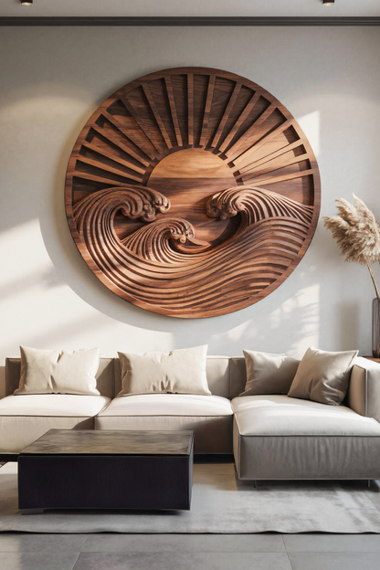 Round Wall Art With Carved Sun And Waves For Bedroom